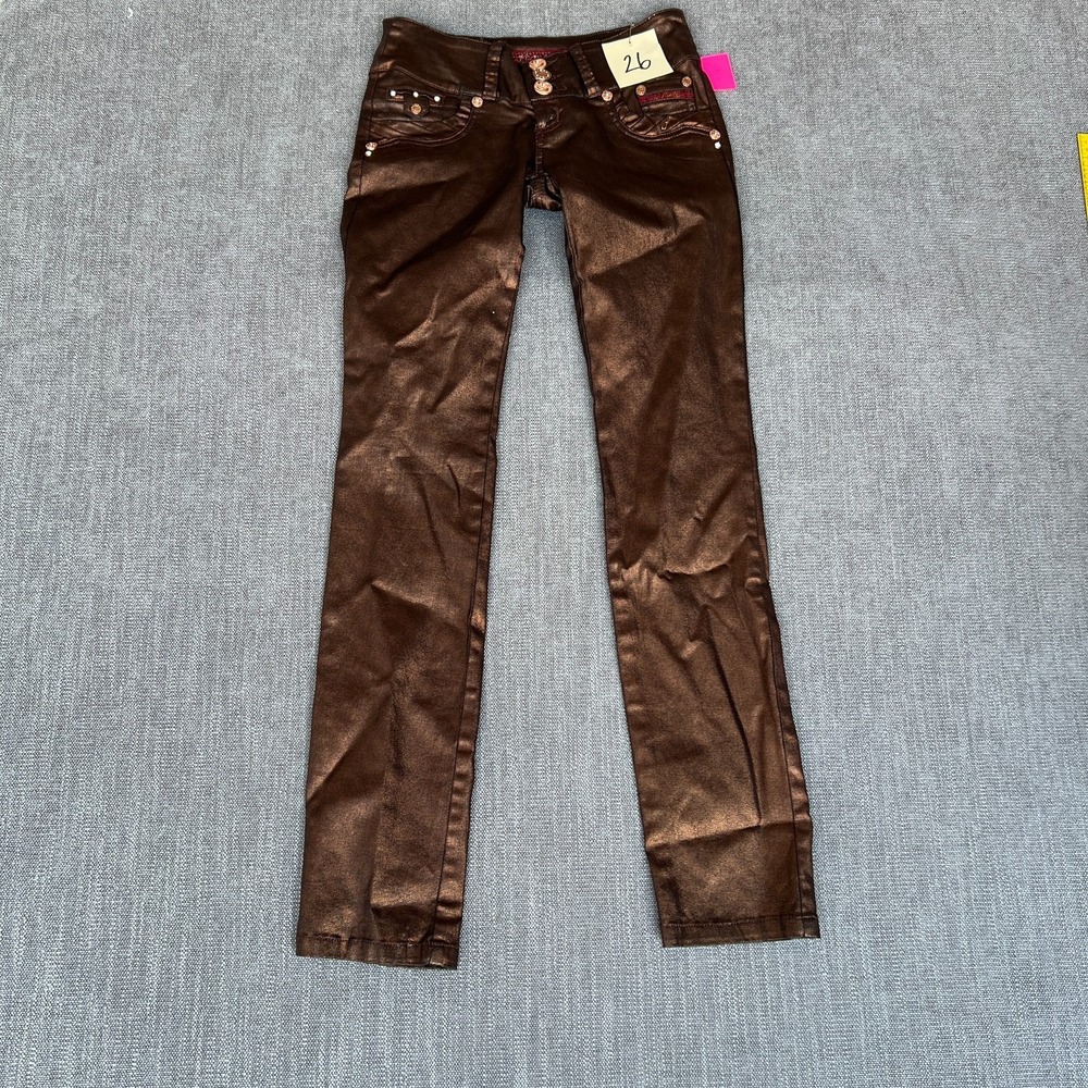 Fiara Jeans Women Metallic Bronze Coated Skinny Levanta Cola Rhinestone Pants 6